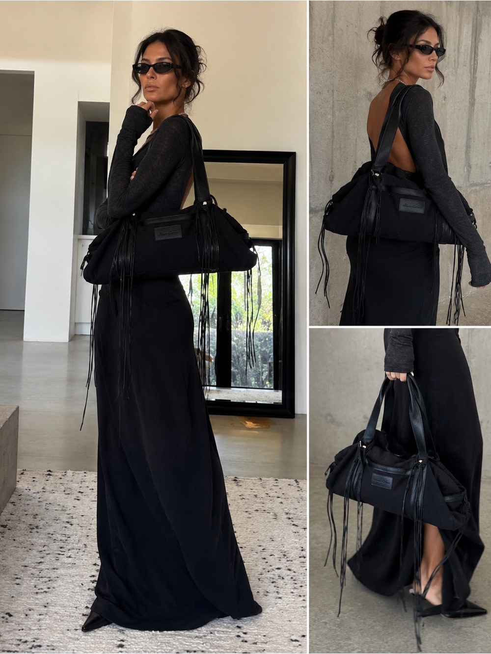 Kenneth Cole Black Canvas Leather Fringe Slouchy Shoulder Tote Bag